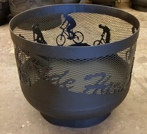 Standard Size Carved Fire Pit - Cyclists - Muskoka Fire Pits