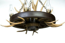 Charger l&#39;image dans la galerie, Wagon Wheel Mule Deer Antler Chandelier - Muskoka Fire Pits